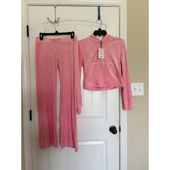 Juicy Couture Velour Tracksuit Set Hoodie Pants Rhinestone Logo Flamingo Pink S - Picture 4 of 7